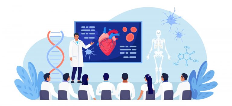 Medical conference, education. Students study research in cardiology science. Doctor giving speech on medicine seminar for audience. Scientist presenting human heart infographics at workshop training